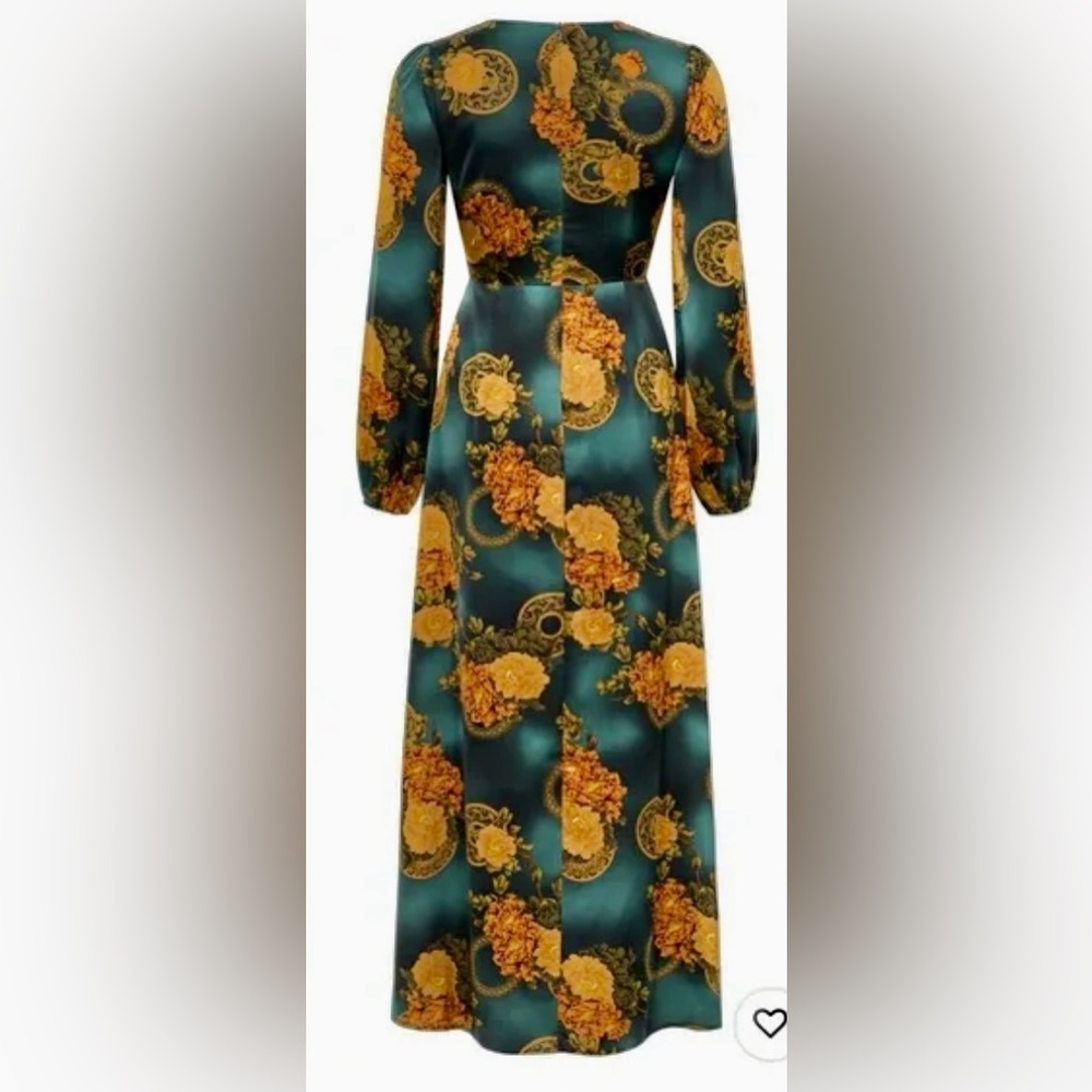 12th Tribe Gizelle Long Sleeve Plunging V-Neck Maxi Dress in Satiny Teal & Gold - Picture 9 of 11